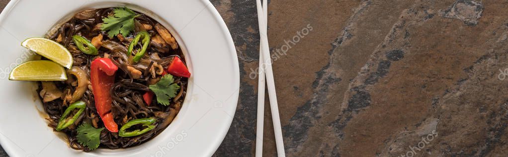 Top View Thai Noodles Beef Chopsticks Stone Surface Panoramic Shot Stock Picture