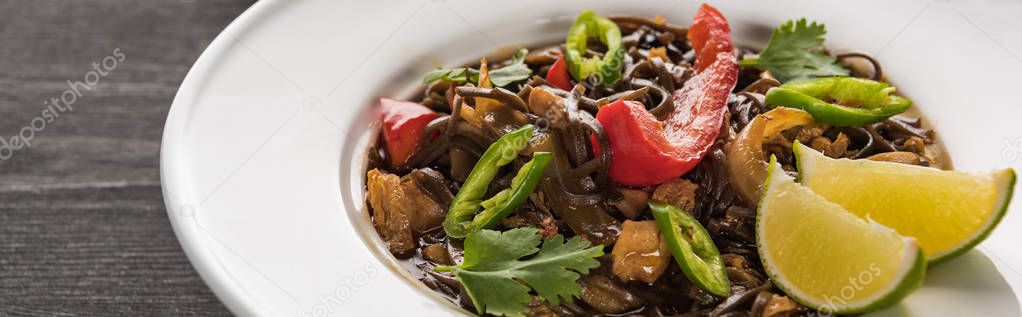 Close View Meat Thai Noodles Wooden Grey Surface Panoramic Shot Stock Photo