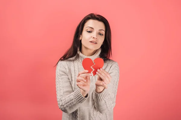 Woman Warm Sweater Holding Paper Cut Broken Heart Pink — Stock Photo, Image