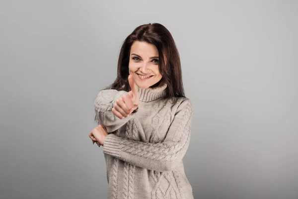 Cheerful Woman Sweater Showing Thumb Isolated Grey — Stock Photo, Image