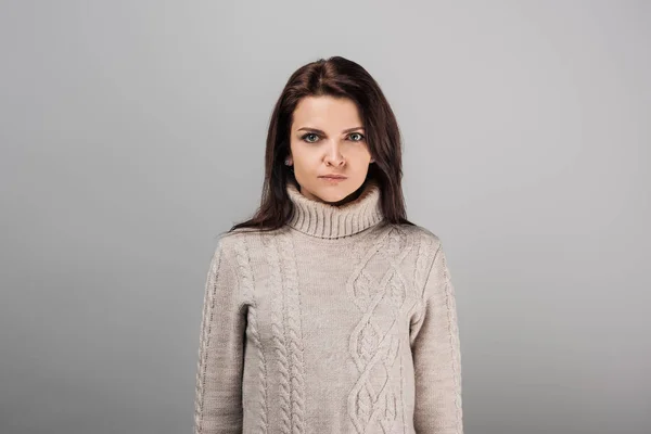 Displeased Woman Sweater Looking Camera Isolated Grey — Stock Photo, Image