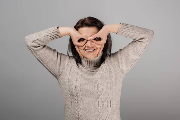 Cheerful Woman Cowering Face Smiling Isolated Grey — Stock Photo, Image