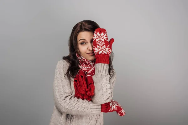 Attractive Woman Red Gloves Scarf Covering Eye Isolated Grey — Stock Photo, Image