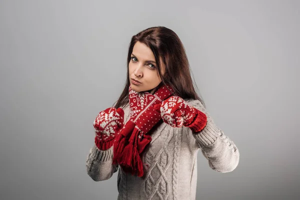 Woman Red Gloves Scarf Boxing While Looking Camera Isolated Grey — Stock Photo, Image