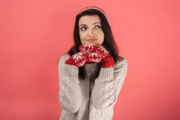 Dreamy Woman Red Knitted Hat Gloves Touching Face Pink — Stock Photo, Image
