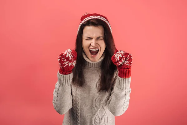 Angry Woman Red Gloves Screaming Pink — Stock Photo, Image