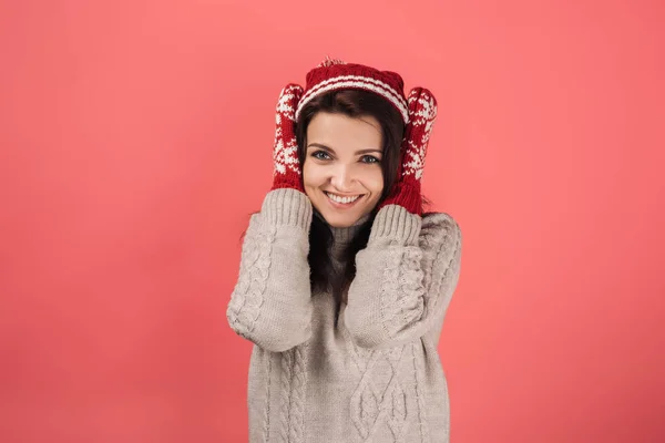 Cheerful Woman Knitted Hat Gloves Covering Ears Pink — Stock Photo, Image
