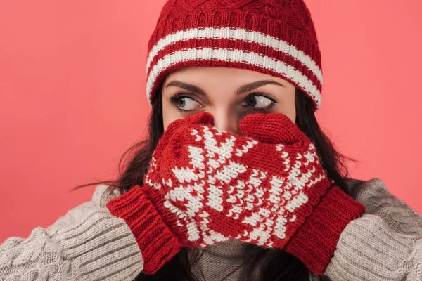 Woman Knitted Hat Covering Face Red Gloves Looking Away Isolated — Stock Photo, Image