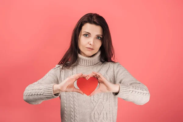 Sad Woman Sweater Holding Heart Shaped Paper Cut Pink — Stock Photo, Image