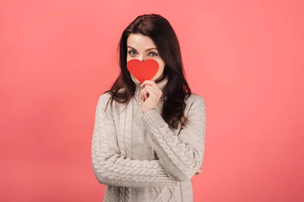 Woman Warm Sweater Covering Face Heart Shaped Paper Cut Pink — Stock Photo, Image