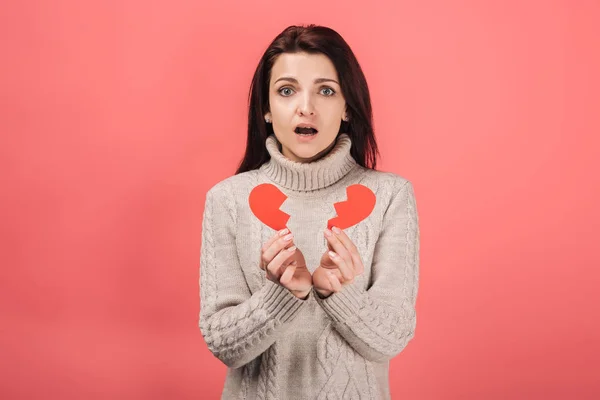 Shocked Woman Sweater Holding Paper Cut Broken Heart Pink — Stock Photo, Image