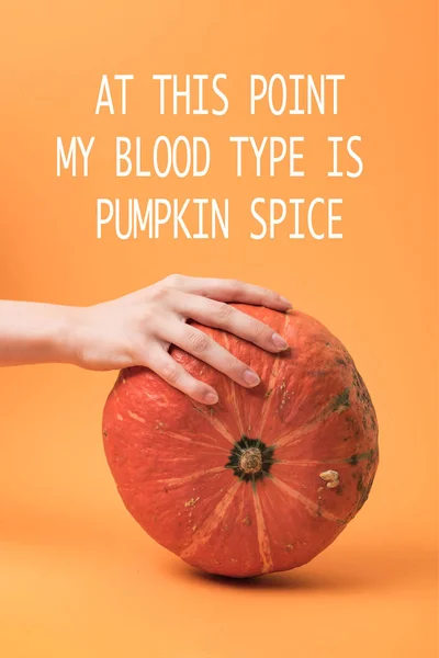 Partial View Woman Touching Pumpkin Orange Background Point Blood Type — Stock Photo, Image