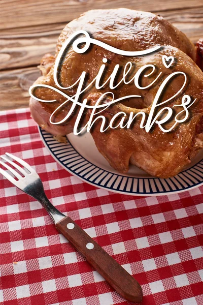 Roasted Turkey Fork Served Red Checkered Napkin Wooden Table Thanksgiving — Stock Photo, Image