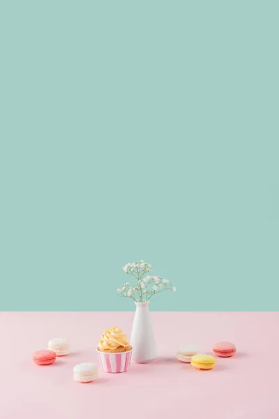 Cupcake and sweet macarons on pastel background with flowers in vase — Stock Photo