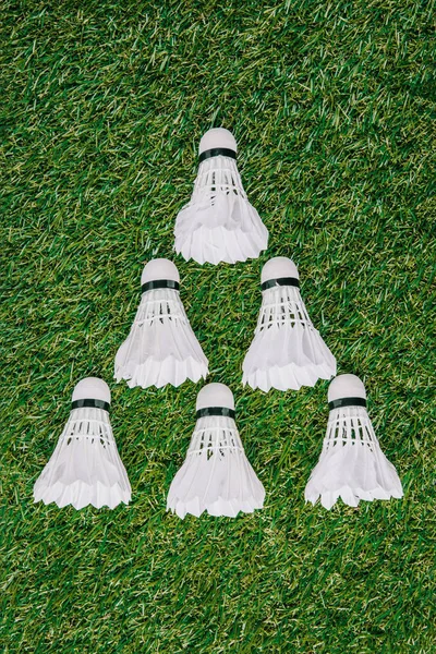 Вид зверху на білі човники для гри в бадмінтон, розташовані на зеленому газоні — стокове фото