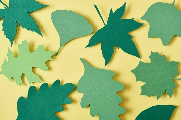 Повна рамка зеленого листя паперу ручної роботи, розташованого на жовтому тлі — стокове фото