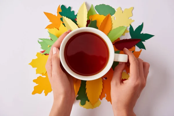 Partial view of woman holding cup of hot tea on white tabletop with colorful papercrafted leaves — Stock Photo