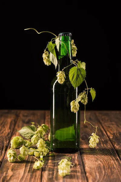 Bierflasche mit Hopfen umwickelt am Holztisch auf schwarzem Hintergrund — Stockfoto