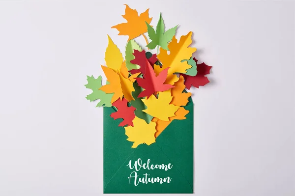 Vue du dessus de feuilles de papier colorées artisanales dans une enveloppe verte avec lettrage 