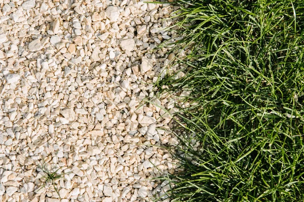 Top view of green grass and pebble stones for background — Stock Photo