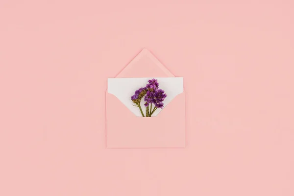 Top view of open pink envelope with white card and small purple flowers isolated on pink — Stock Photo