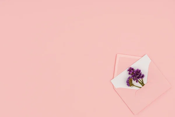 Top view of open pink envelope with white card and small purple flowers isolated on pink background — Stock Photo