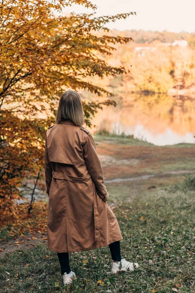 Vista posterior de la mujer de pie y mirando el lago en el bosque de otoño - foto de stock