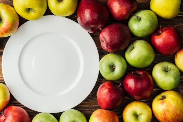 Draufsicht auf weißen Teller und bunte Äpfel auf Holztisch — Stockfoto