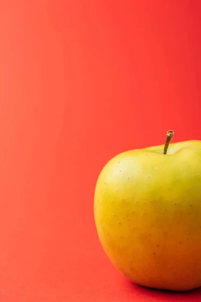 Vista de cerca de gran manzana deliciosa dorada sobre fondo rojo - foto de stock