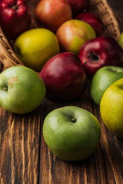 Wicker basket with scattered multicolored apples on wooden table — Stock Photo