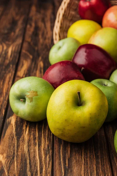 Panier en osier avec des pommes jaunes, vertes et rouges éparpillées sur une table en bois — Photo de stock