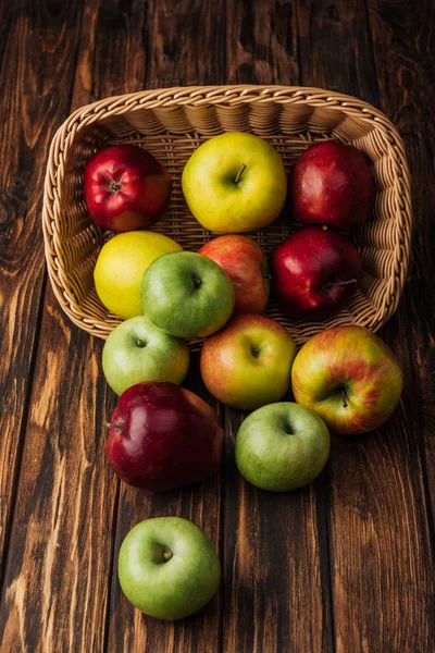 Wicker basket with scattered ripe apples on rustic wooden table — Stock Photo