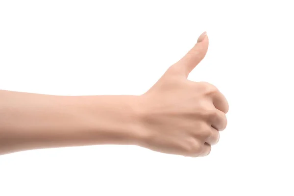 Частичный вид женщины, показывающей большой палец вверх знак изолирован на белом — стоковое фото