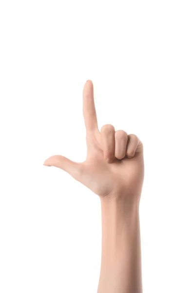 Cropped view of woman pointing up with finger isolated on white — Stock Photo