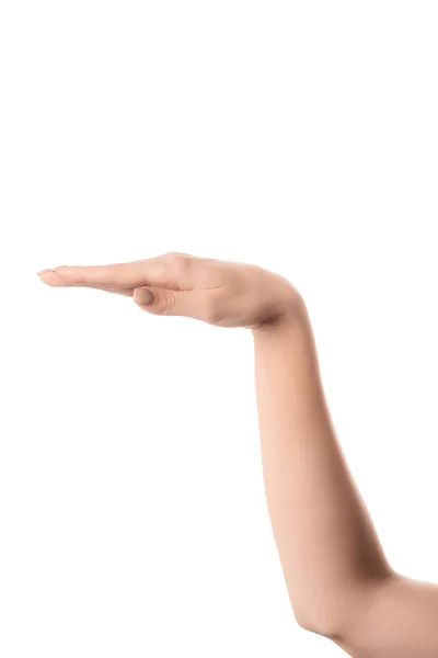 Vista recortada de la mujer haciendo gestos con la mano e imitando serpiente aislada en blanco — Stock Photo