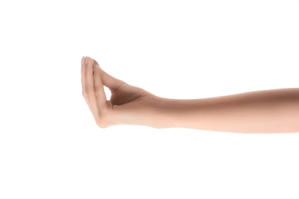 Обрезанный вид женщины жестикулирующей рукой и просящей что-то изолированное на белом — стоковое фото