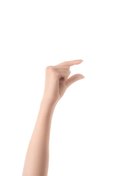 Cropped view of woman showing size gesture with hand isolated on white — Stock Photo