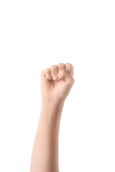 Vista parcial de la mujer mostrando sí signo en lenguaje sordo y mudo aislado en blanco — Stock Photo