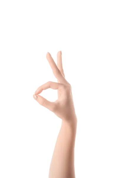 Cropped view of woman showing ok sign isolated on white — Stock Photo