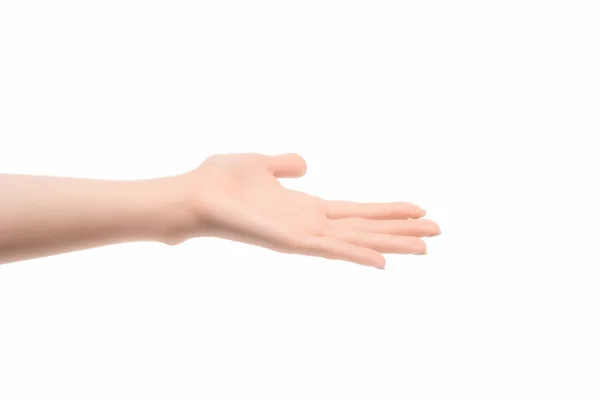 Cropped view of woman with empty hand asking for something isolated on white — Stock Photo