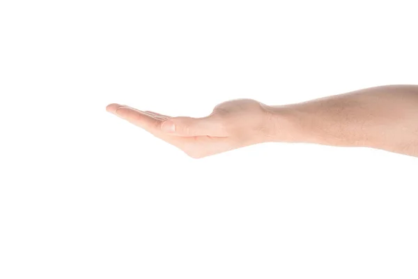 Обрізаний вид людини з порожньою рукою, що просить чогось ізольованого на білому — стокове фото