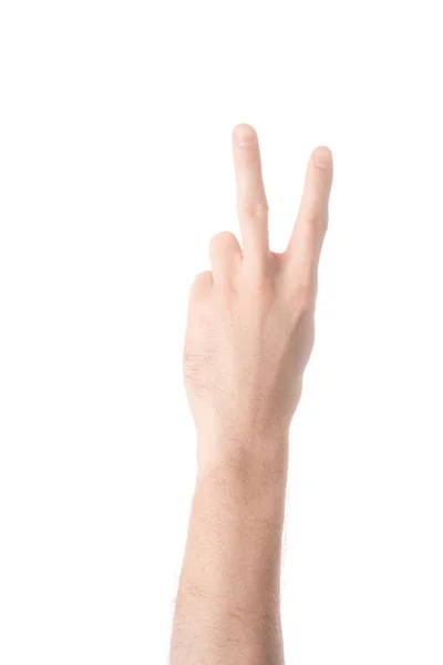 Частичный взгляд человека, показывающего номер 2 на языке жестов, изолированный на белом — стоковое фото