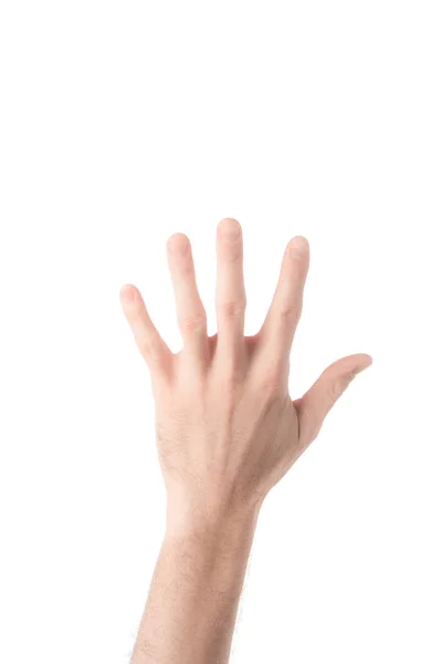 Vista parcial del hombre mostrando el número 5 en lenguaje de signos aislado en blanco — Stock Photo