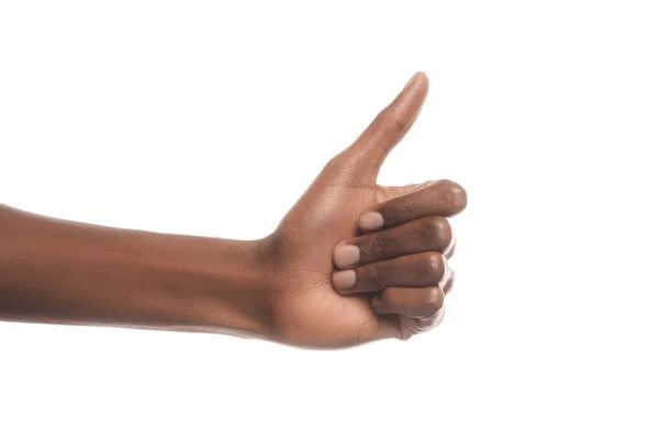 Vista recortada del hombre afroamericano mostrando el pulgar hacia arriba signo aislado en blanco — Stock Photo