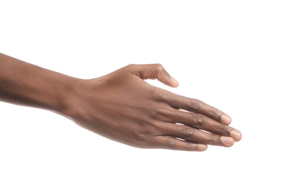Vista cortada da mão do homem americano africano isolado no branco — Fotografia de Stock