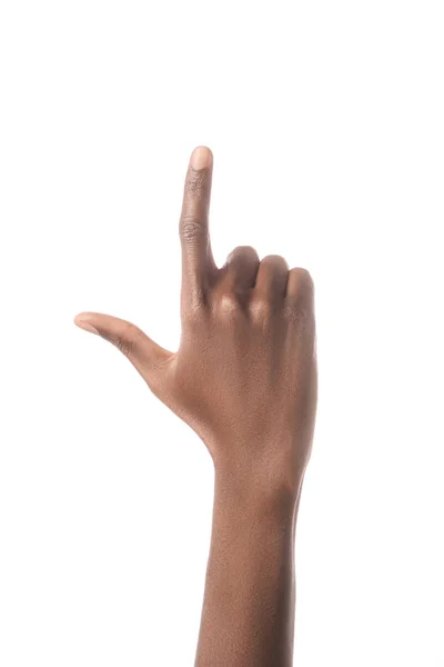 Cropped view of african american man showing letter L in deaf and dumb language isolated on white — Stock Photo