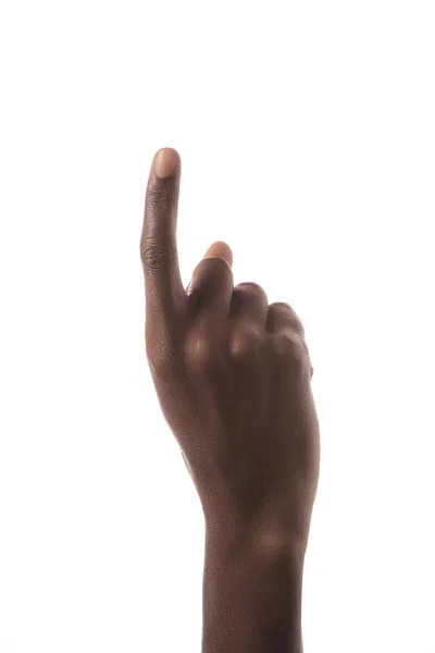 Vista recortada del hombre afroamericano mostrando el número 1 en lenguaje de señas aislado en blanco — Stock Photo