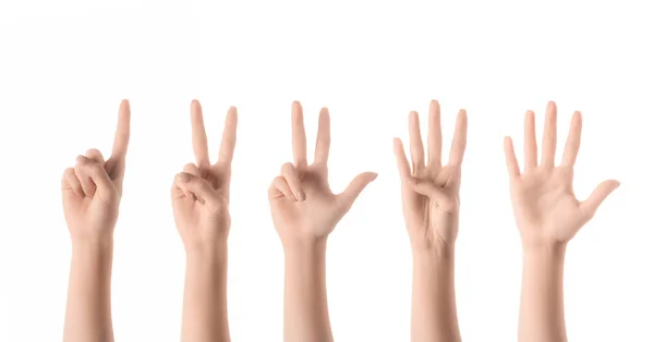 Collage di donna che mostra numeri con le mani isolate su bianco — Foto stock