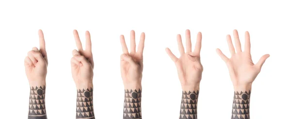 Collage del hombre tatuado mostrando números con las manos aisladas en blanco - foto de stock