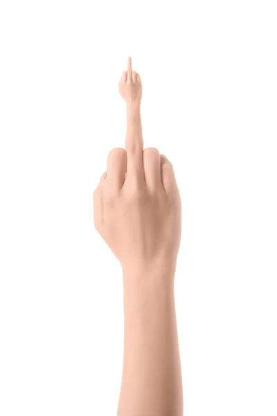 Vista recortada de la mujer que muestra el dedo medio aislado en blanco - foto de stock